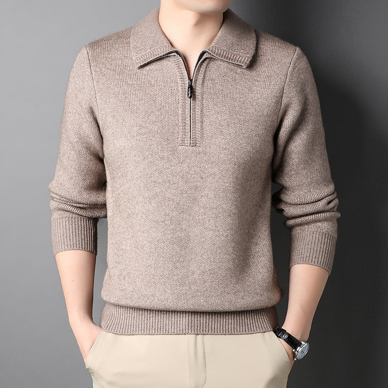 Solid Color Popular Zipper Men's Lapel Knitted Sweater