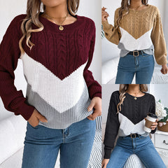 Color Matching Twist Lantern Sleeve Knitted Pullover Sweater