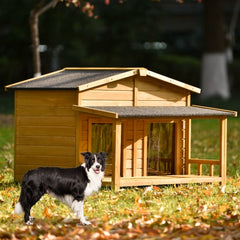 Large Wooden Dog House Outdoor Hut Style With Porch, 2 Doors