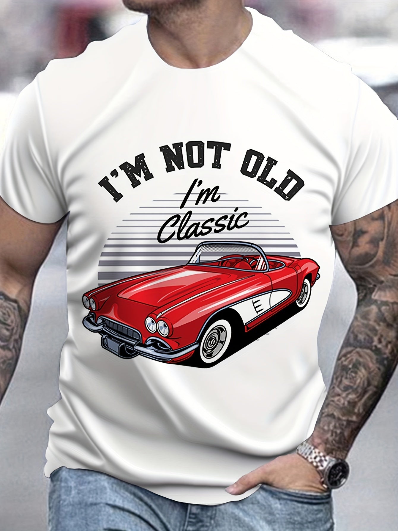 Classic Car Pattern And Letter Print I'm NOT OLD I'm CLASS Round Neck And Short Sleeved T-shirt, Casual And Fashionable Men's Summer Outdoor Clothing Top