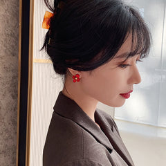 Girls Silver Needle Korean Red Petal Earrings